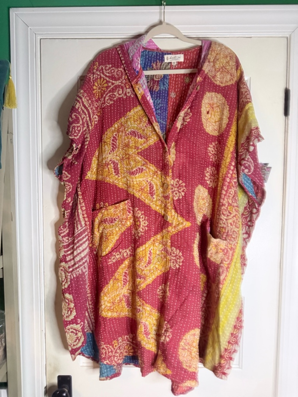 Kantha Bae Boho Patchwork Button-Front Jumper in Red & Mustard
